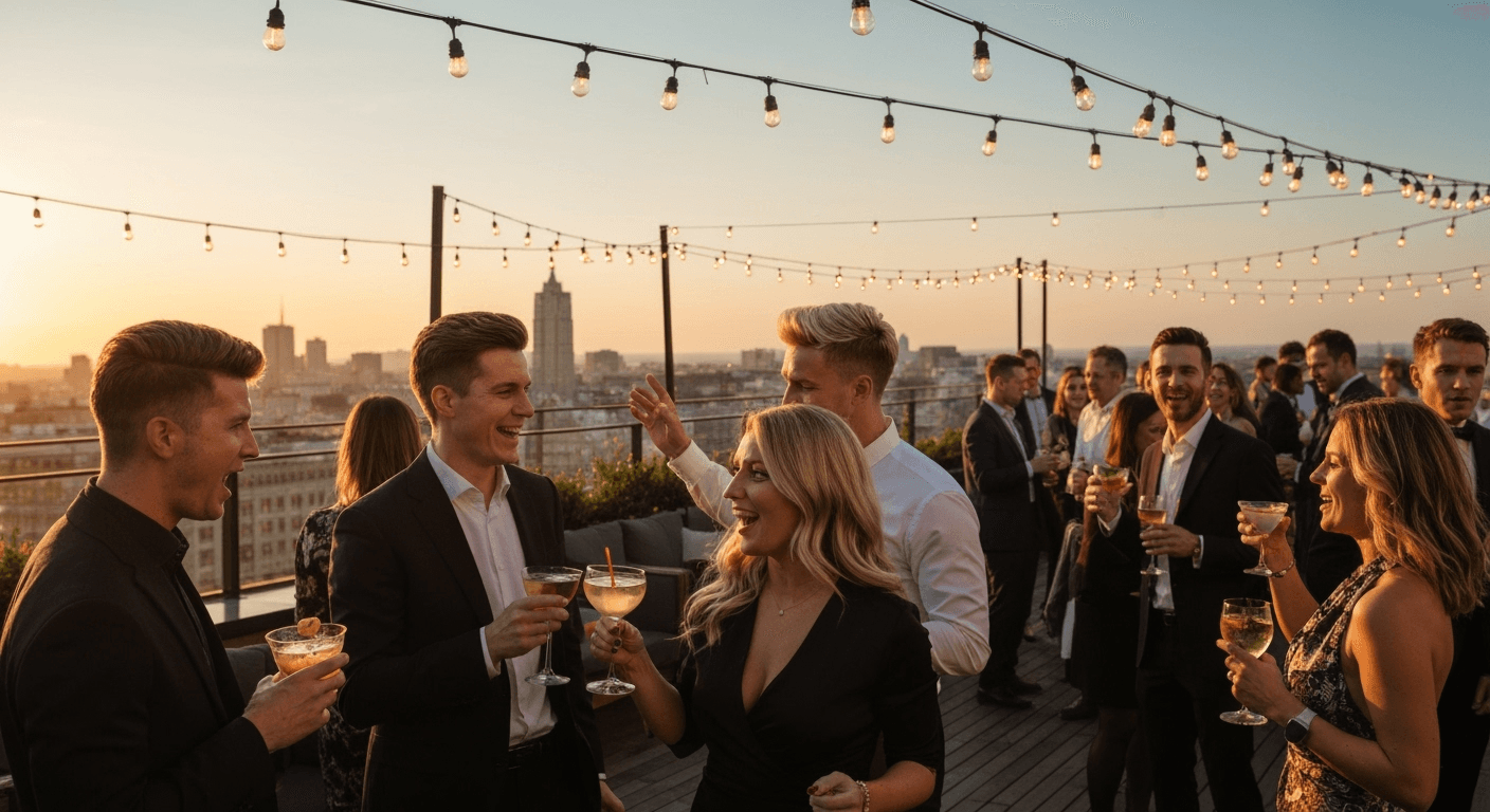 People celebrating at rooftop restaurant event space